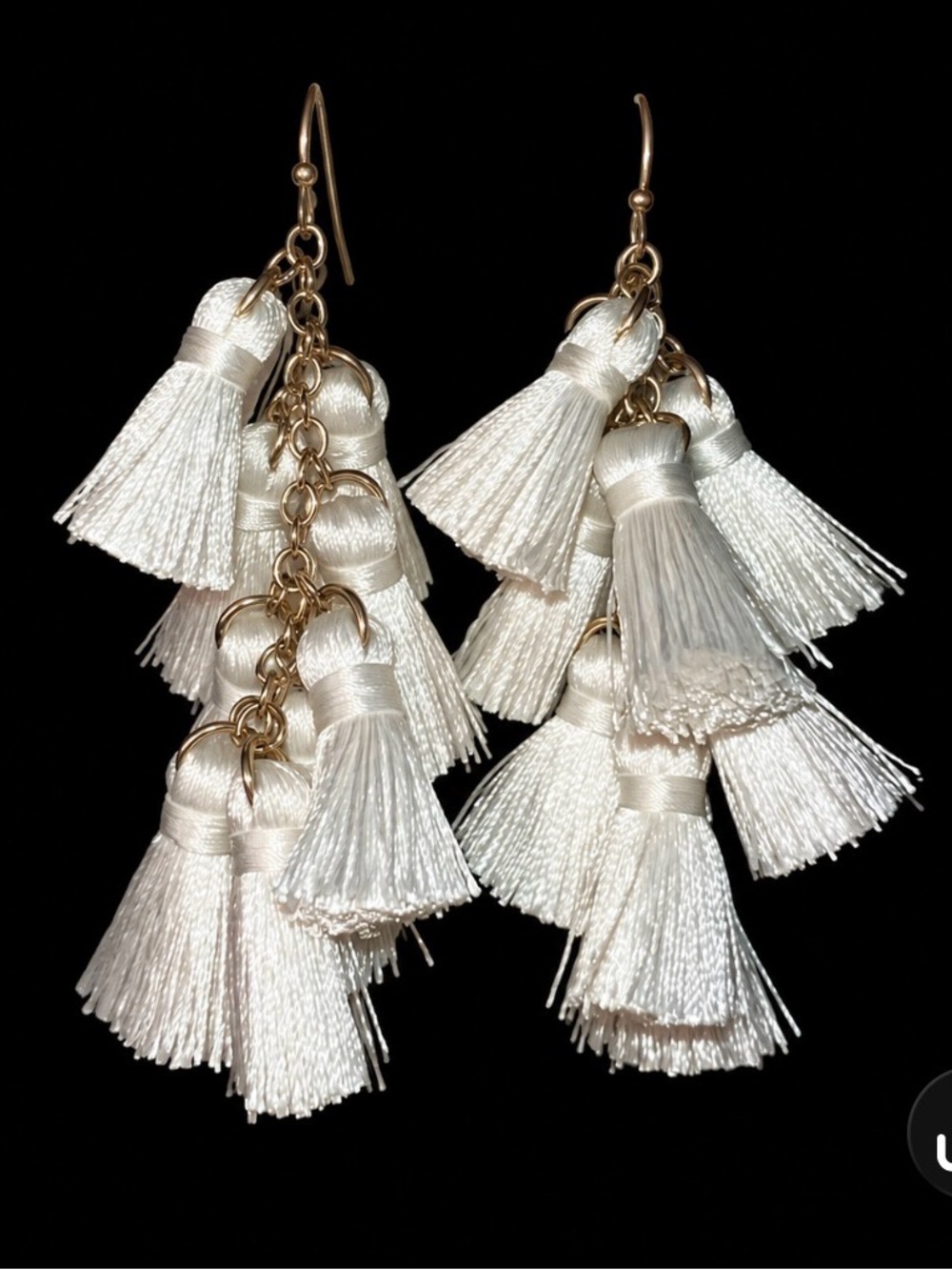 White Multi Tassel Dangle Earrings Gold Tone Chain Boho Statement